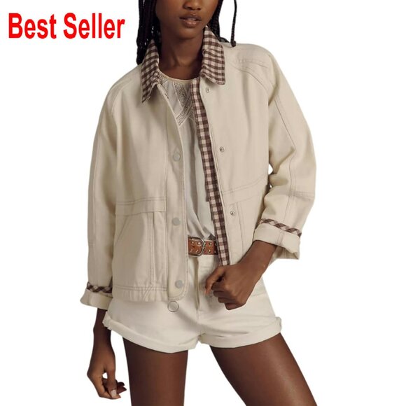Cropped Bomber Jacket Plaid Zip Up Casual Gingham Fall Coat with Pockets